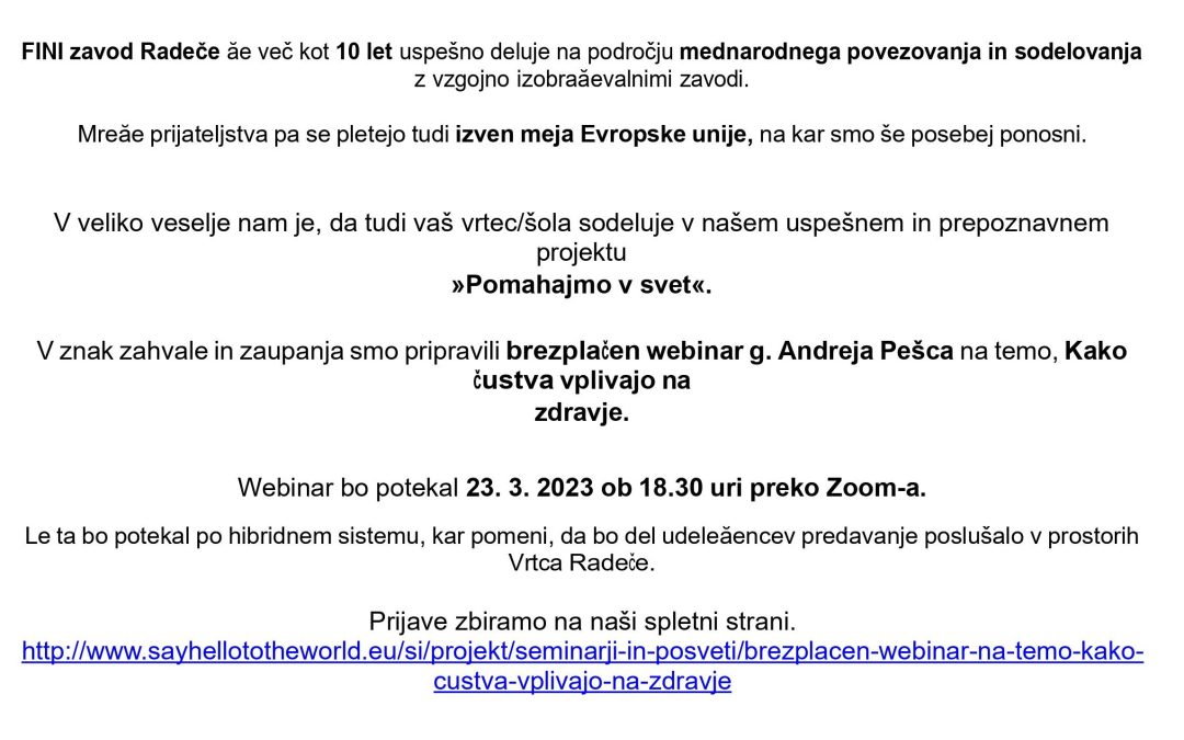 Brezplačen webinar: Kako čustva vplivajo na zdravje